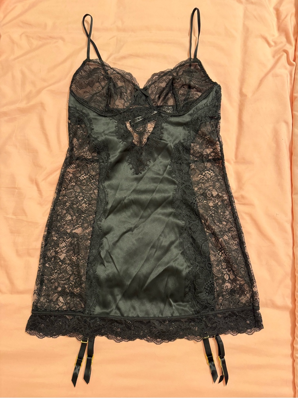 Victoria's Secret Black Lace & Satin Chemise with Garter Straps